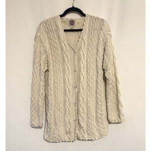 Vtg Saks Fifth Avenue Cardigan Medium Cotton Knitted Cream Vneck Sweater